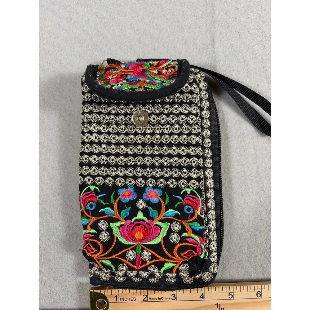 Boho Floral Embroidered Wristlet‎ Wallet Phone Case Black Canvas Folk Art Style